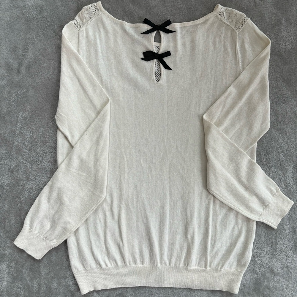 MNG Basics Women Medium Sweater Bows Keyhole Cable Off White Black Cotton Wool - Picture 4 of 13